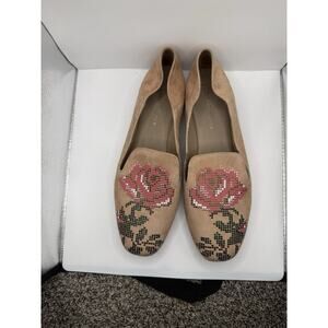 Donald J. Pliner Tan Suede Rose Floral Hiro Embellished Flats Sz 8 $228 retro